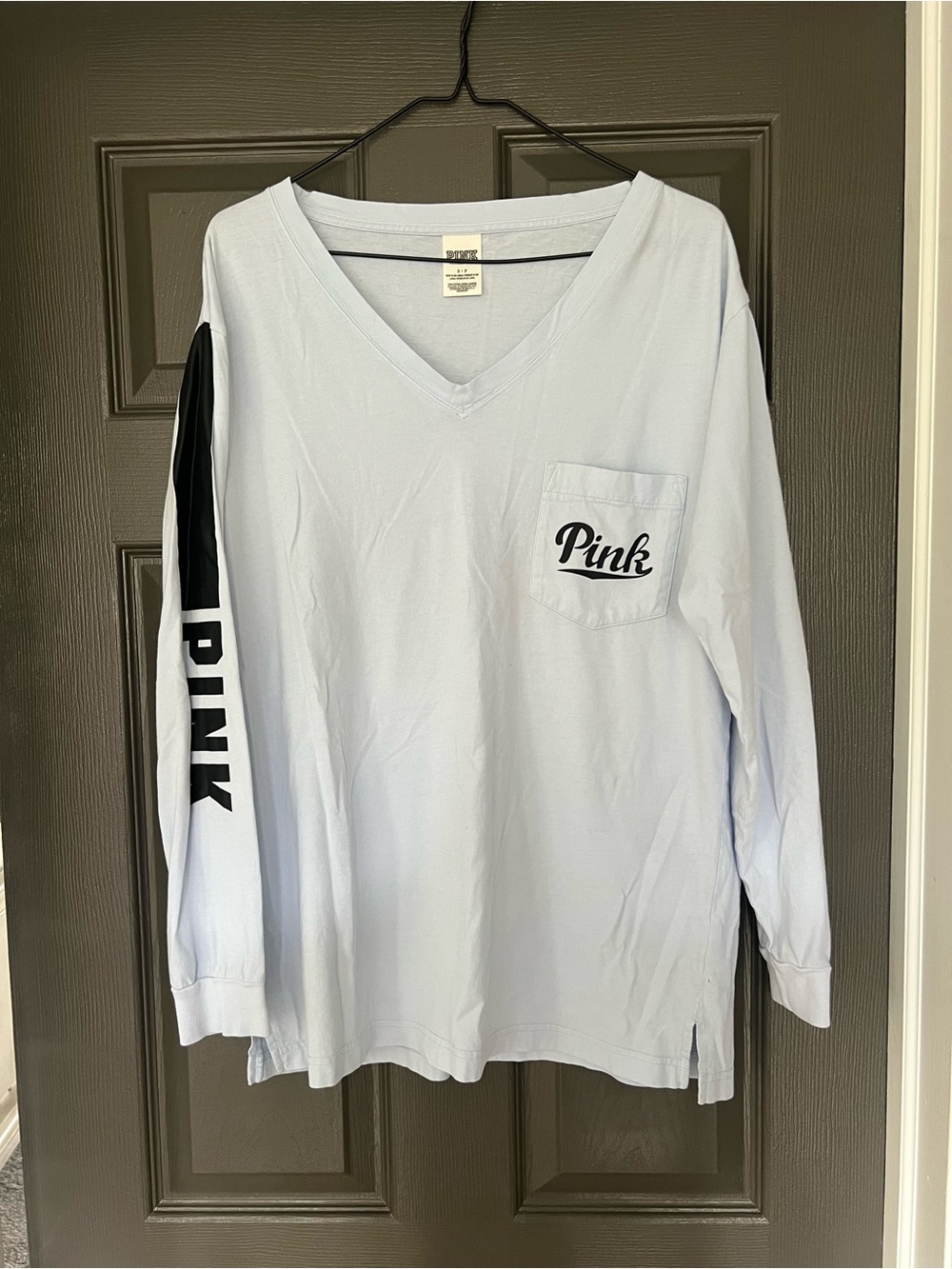 PINK Victoria's Secret Light Blue V-Neck Long Sleeve Tee with Black Accent